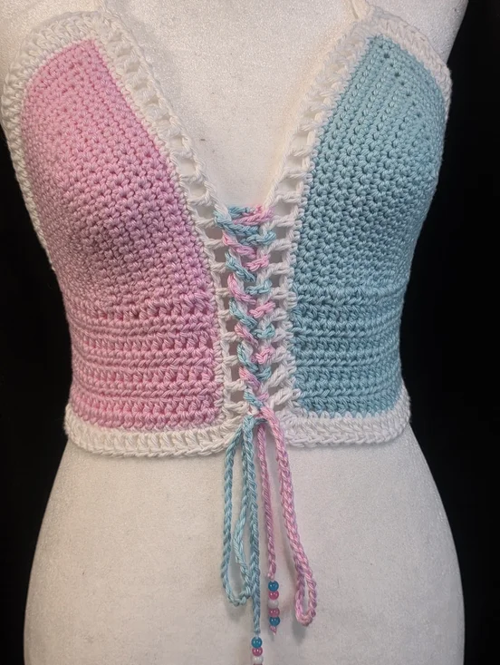 Crocheted Dual-Color Corset Halter Top - Picture 4 of 9